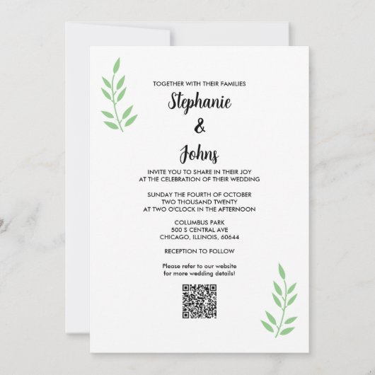 QR Code Sage Green Leaf Black Script Hochzeit Einladung (Vorderseite)