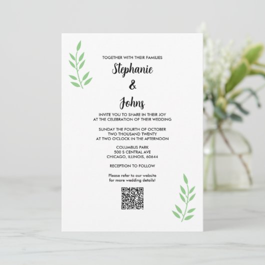 QR Code Sage Green Leaf Black Script Hochzeit Einladung (Stehend Vorderseite)