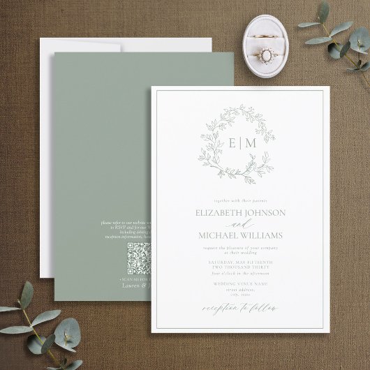 QR-Code Sage Green Leafy Wappen Monogram Wedding Einladung