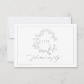 QR-Code Sage Green Leafy Wappen Monogram Wedding RSVP Karte (Vorderseite)