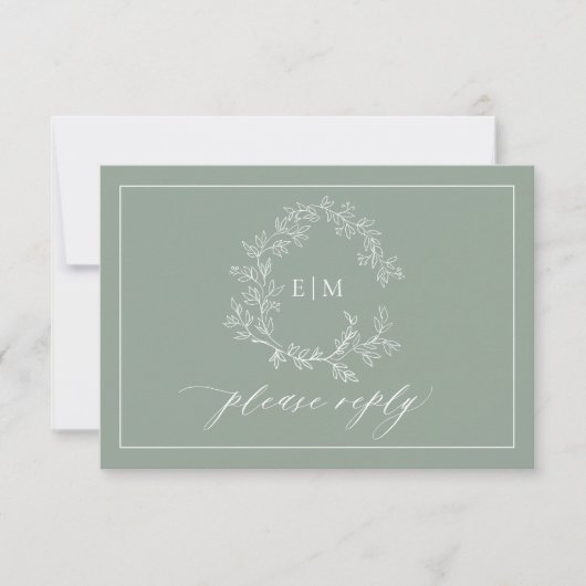 QR-Code Sage Green Leafy Wappen Monogram Wedding RSVP Karte (Vorderseite)