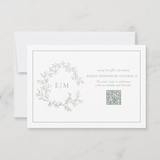 QR-Code Sage Green Leafy Wappen Monogram Wedding RSVP Karte (Rückseite)