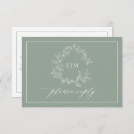 QR-Code Sage Green Leafy Wappen Monogram Wedding RSVP Karte