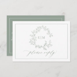 QR-Code Sage Green Leafy Wappen Monogram Wedding RSVP Karte
