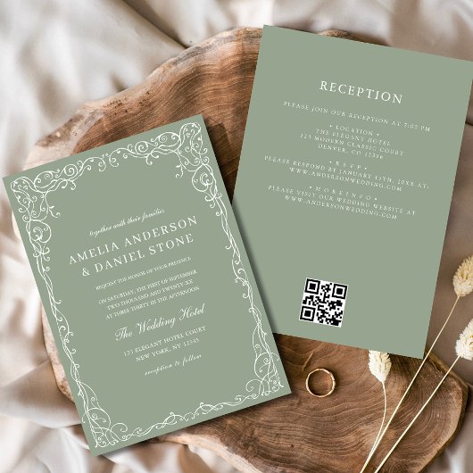 QR Code Sage Green Minimal Hochzeit Einladung