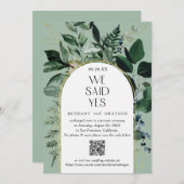 QR-Code, Sage Green Modern Botanical Arch Hochzeit Ankündigung (Vorne/Hinten)