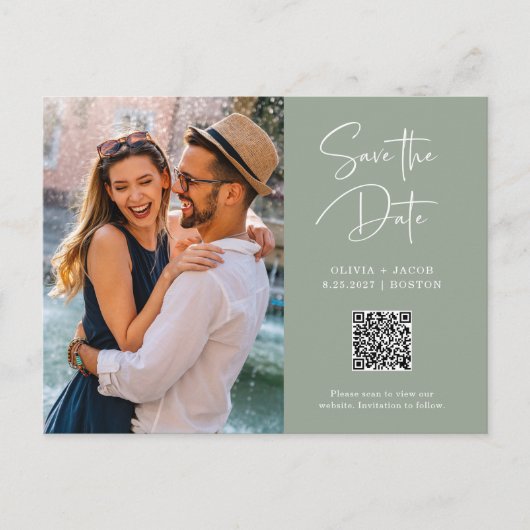 QR-Code | Sage Green Modern Foto Save the Date Postkarte (Vorderseite)