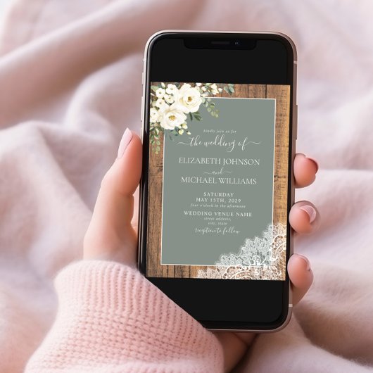QR Code Sage Green Rustic Wood Script Wedding Invi Einladung
