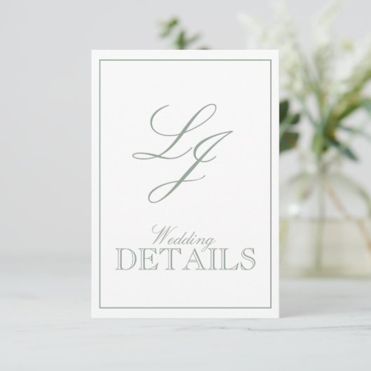 QR Code Sage Green Script Monogram Wedding Details Begleitkarte (Stehend Vorderseite)