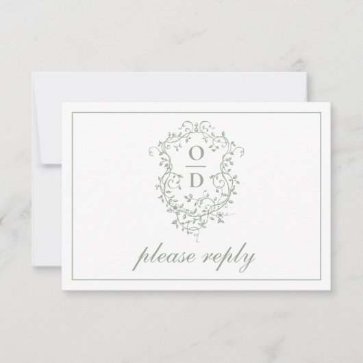 QR-Code Sage Green Wappen Monogram Wedding RSVP Karte (Vorderseite)
