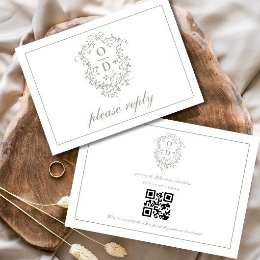 QR-Code Sage Green Wappen Monogram Wedding RSVP Karte
