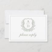 QR-Code Sage Green Wappen Monogram Wedding RSVP Karte (Vorderseite)
