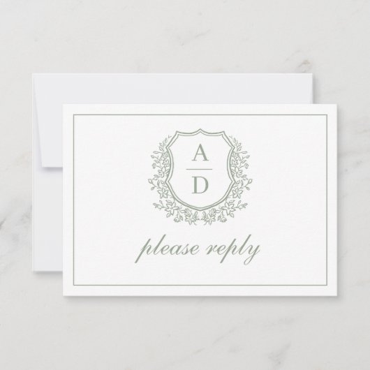 QR-Code Sage Green Wappen Monogram Wedding RSVP Karte (Vorderseite)