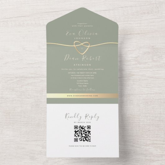 QR Code Sage Green Wedding All In One Einladung (Innen Boden)