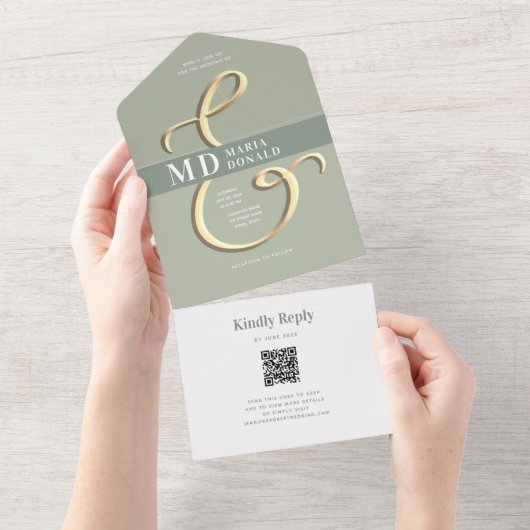 QR Code Sage Green Wedding alle in einer Einladung (Abreißen)