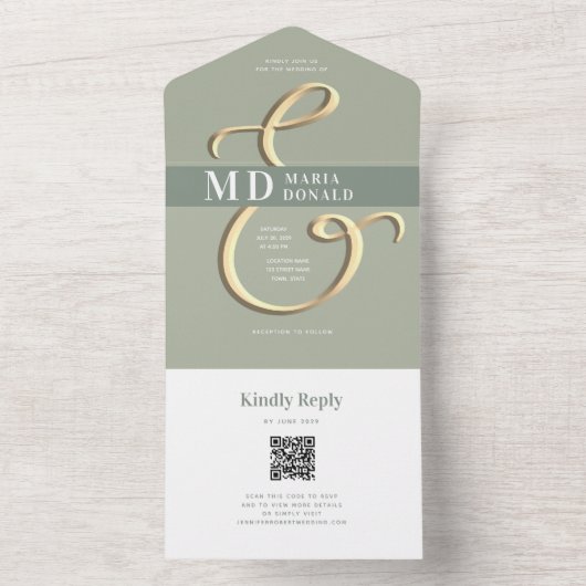QR Code Sage Green Wedding alle in einer Einladung (Innen Boden)