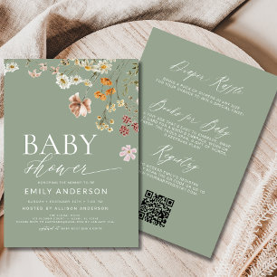 QR-Code Sage Green Wildblume Babydusche Einladung
