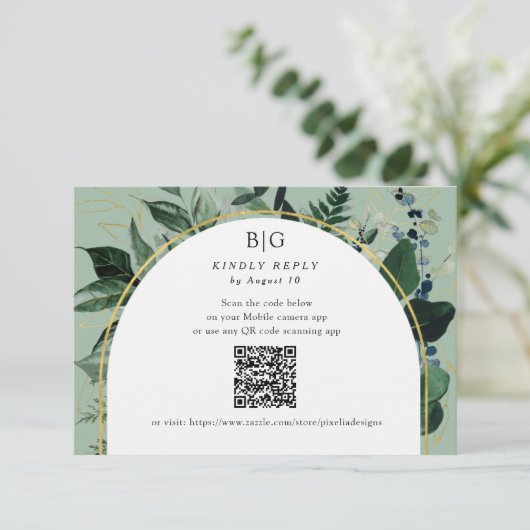 QR-Code Sage grün moderne Aquarellgrüne RSVP Karte (Stehend Vorderseite)