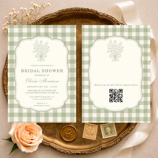 QR-Code Salbeigrün Gingham Blumen Brautparty Einladung
