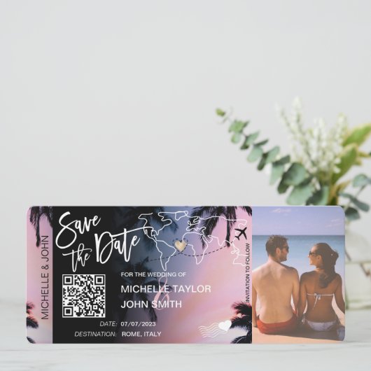 QR-Code Save the Date Boarding Pass Palm Beach Einladung (Stehend Vorderseite)