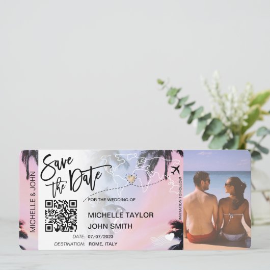 QR-Code Save the Date Boarding Pass Palm Beach Einladung (Stehend Vorderseite)