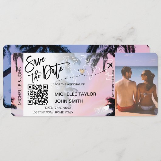 QR-Code Save the Date Boarding Pass Palm Beach Einladung (Vorne/Hinten)