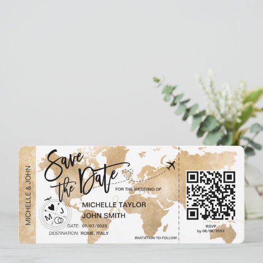 QR-Code Save the Date Boarding Pass Weltkarte Einladung (Stehend Vorderseite)