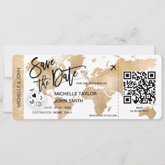 QR-Code Save the Date Boarding Pass Weltkarte Einladung (Vorderseite)