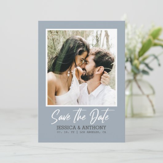 QR-Code Save the Date Dusty Blue Foto Wedding Einladung (Stehend Vorderseite)