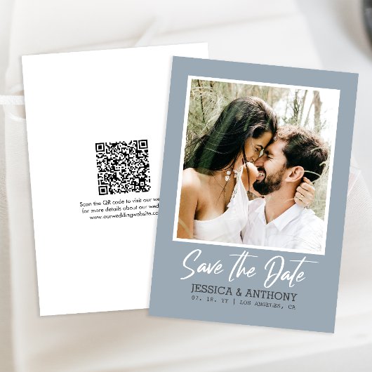 QR-Code Save the Date Dusty Blue Foto Wedding Einladung
