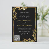 QR Code Scan Info Black Gold Wedding Einladung (Stehend Vorderseite)