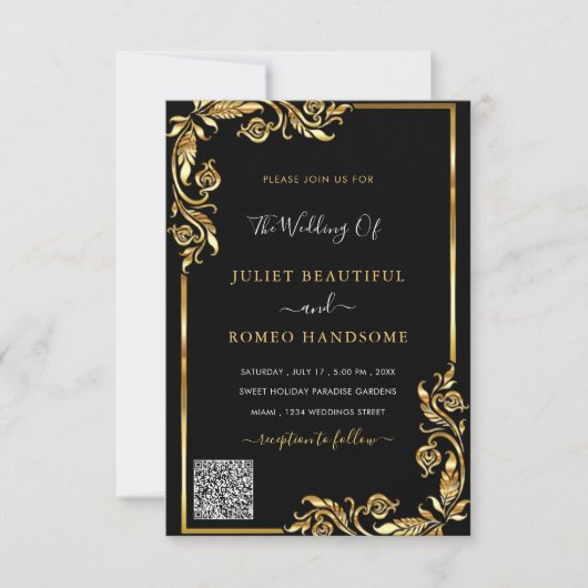QR Code Scan Info Black Gold Wedding Einladung (Vorderseite)