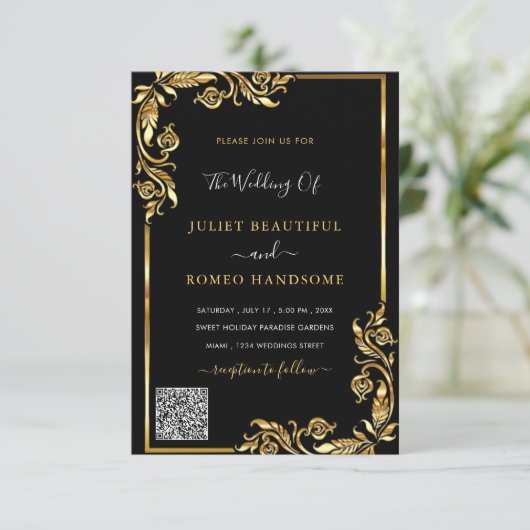 QR Code Scan Info Black Gold Wedding Einladung (Stehend Vorderseite)