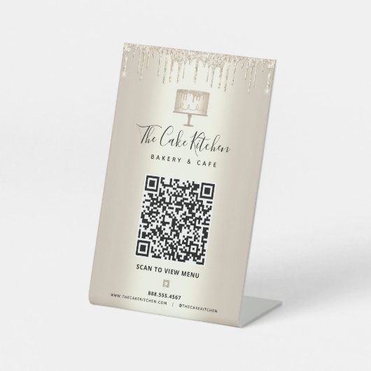 QR Code Scan Menü Gold Cake Glitzer Tropfen Sockelschild (Vorderseite)