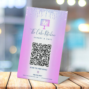QR-Code-Scan-Menü Lila Cake Glitzer Tropfen Sockelschild