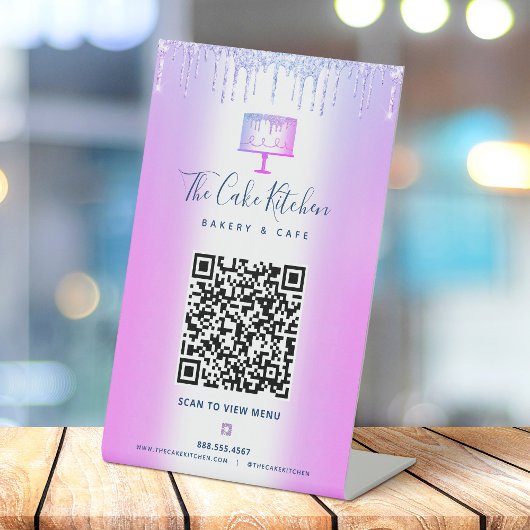QR-Code-Scan-Menü Lila Cake Glitzer Tropfen Sockelschild
