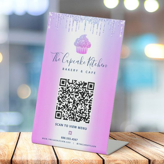 QR Code Scan Menü Lila Cupcake Glitzer Bäckerei Sockelschild
