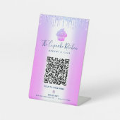 QR Code Scan Menü Lila Cupcake Glitzer Bäckerei Sockelschild (Vorderseite)