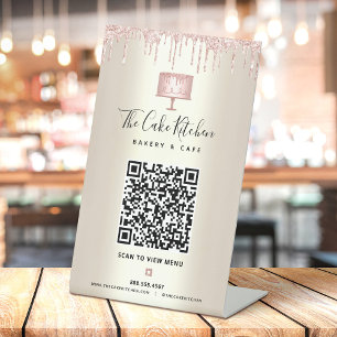 QR Code Scan Menü Rosa Kuchen Glitzer Gold Sockelschild