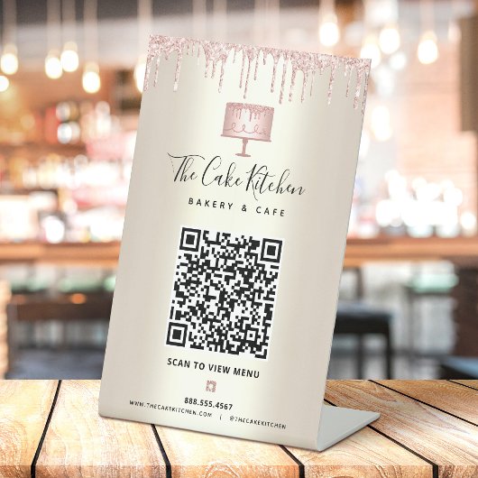 QR Code Scan Menü Rosa Kuchen Glitzer Gold Sockelschild