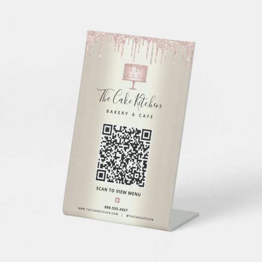 QR Code Scan Menü Rosa Kuchen Glitzer Gold Sockelschild (Vorderseite)