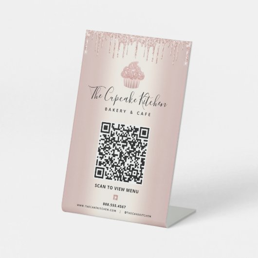 QR Code Scan Menü Rose Gold Cupcake Glitzer Bäcker Sockelschild (Vorderseite)