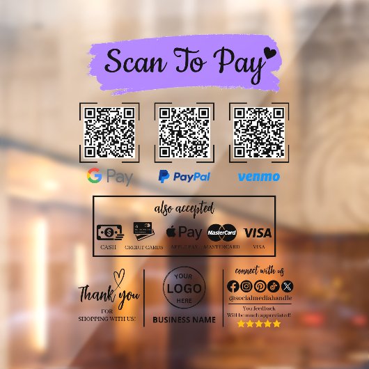 QR Code Scan zu bezahlen Venmo Paypal Google Pay Fensteraufkleber (Blatt 2)