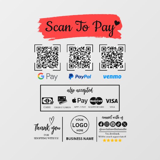 QR Code Scan zu bezahlen Venmo Paypal Google Pay Fensteraufkleber (Blatt)