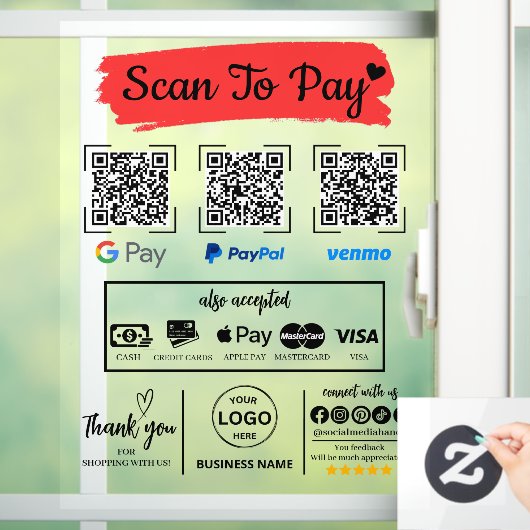 QR Code Scan zu bezahlen Venmo Paypal Google Pay Fensteraufkleber (Zuhause)