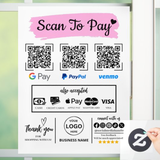 QR Code Scan zu bezahlen Venmo Paypal Google Pay Fensteraufkleber (Zuhause)