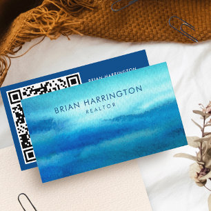 QR Code Scannable Blue Watercolor Coastal Trendy Visitenkarte