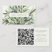 QR Code Scannable Botanical Greenery Watercolor Visitenkarte (Vorne/Hinten)