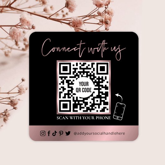 QR Code Scannable Glam Black & Rose Gold Logo Quadratische Visitenkarte