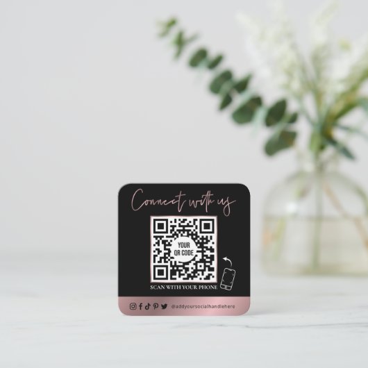 QR Code Scannable Glam Black & Rose Gold Logo Quadratische Visitenkarte (Stehend Vorderseite)